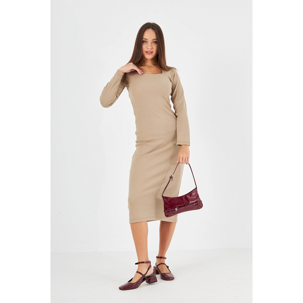 Beige Square Neck Bodycon Dress | Montivo Pakistan