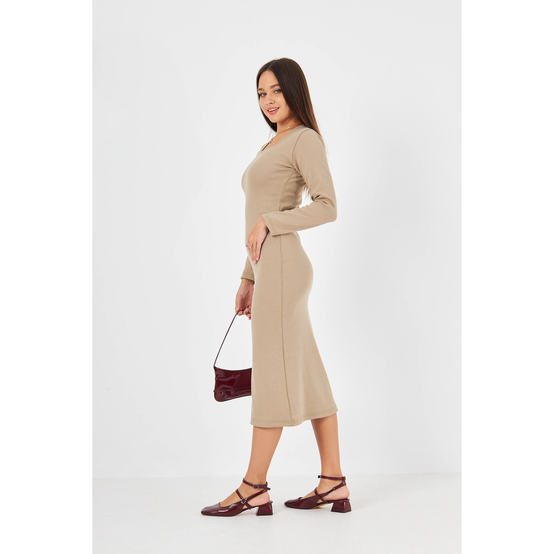 Beige Square Neck Bodycon Dress | Montivo Pakistan