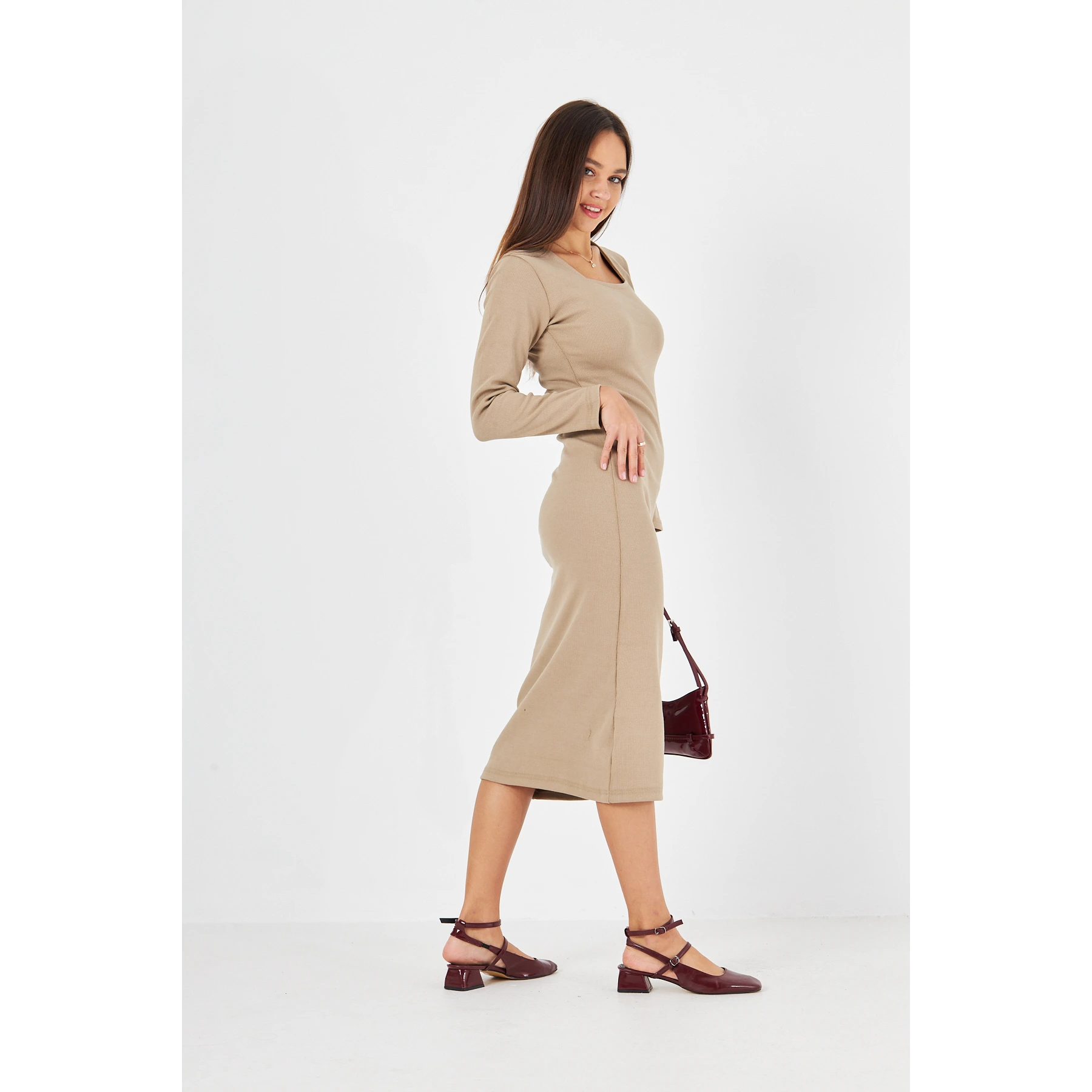 Beige Square Neck Bodycon Dress | Montivo Pakistan