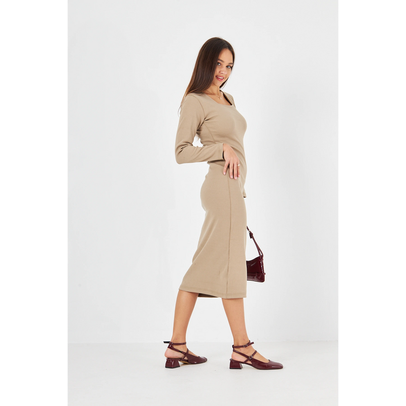 Beige Square Neck Bodycon Dress | Montivo Pakistan