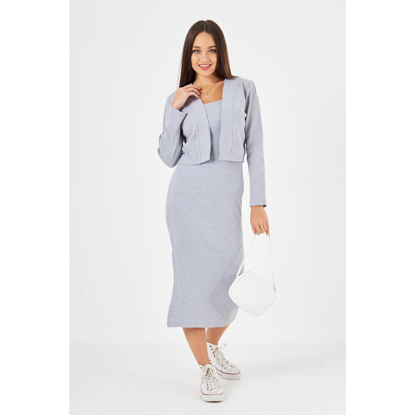 Grey Cardigan Dress Matching Set | Montivo Pakistan
