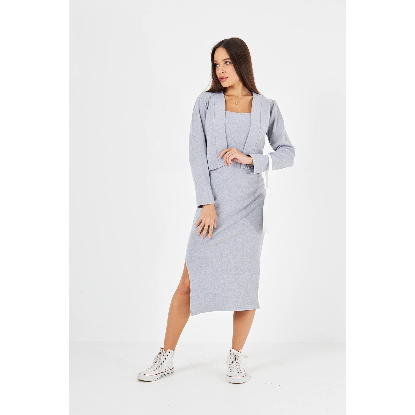 Grey Cardigan Dress Matching Set | Montivo Pakistan