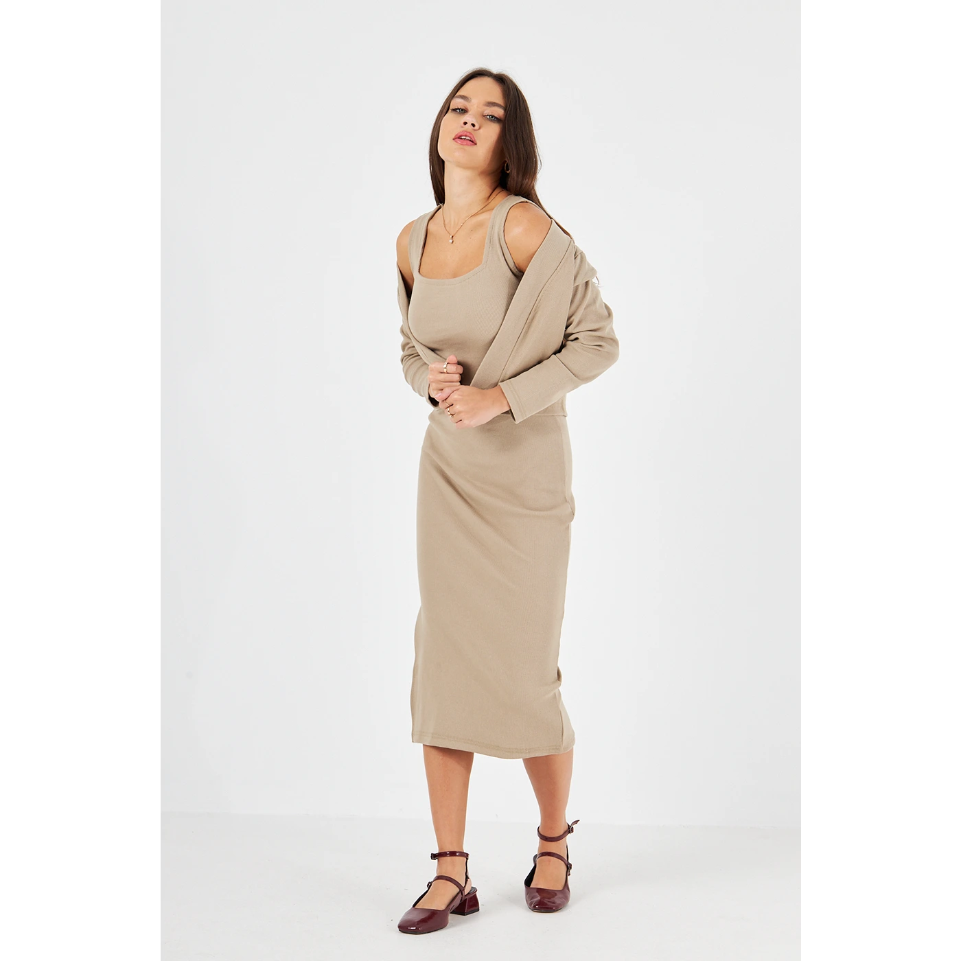 Beige Cardigan Dress Matching Set | Montivo Pakistan