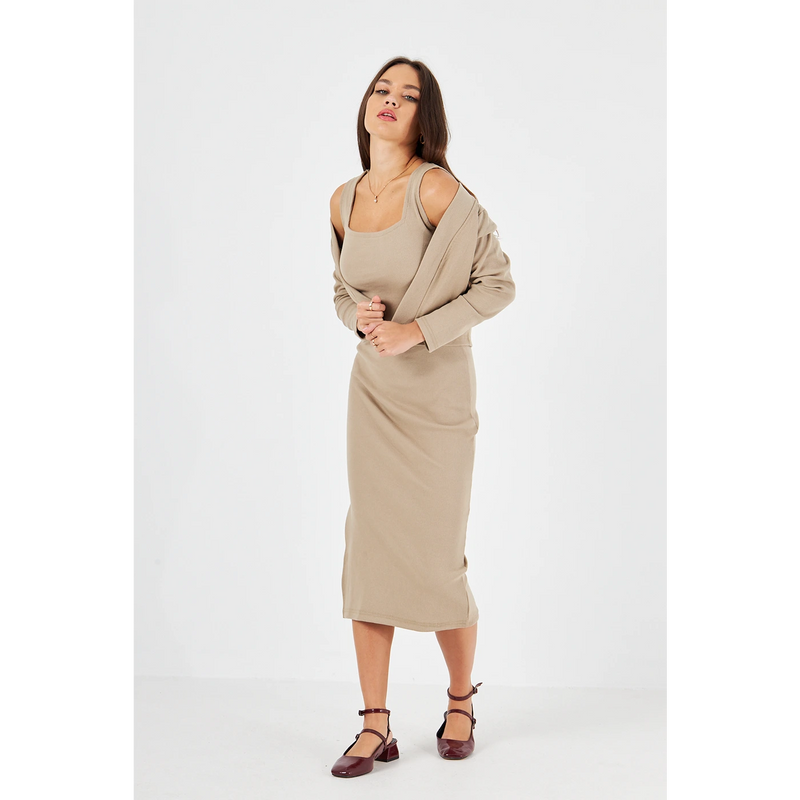 Beige Cardigan Dress Matching Set | Montivo Pakistan