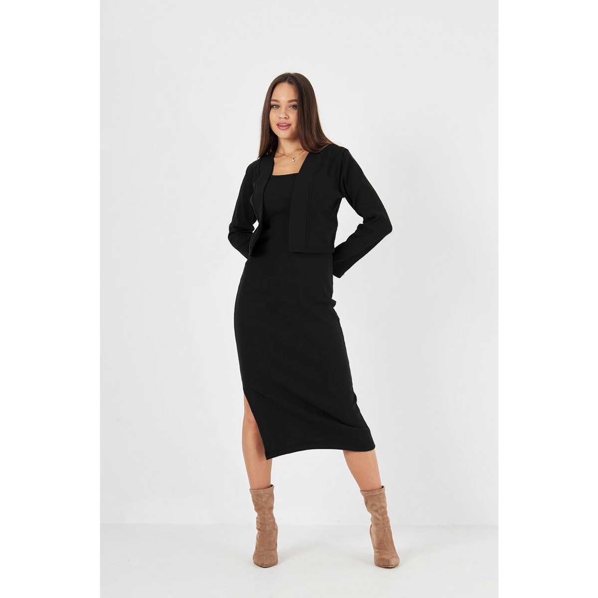 Black Cardigan Dress Matching Set | Montivo Pakistan