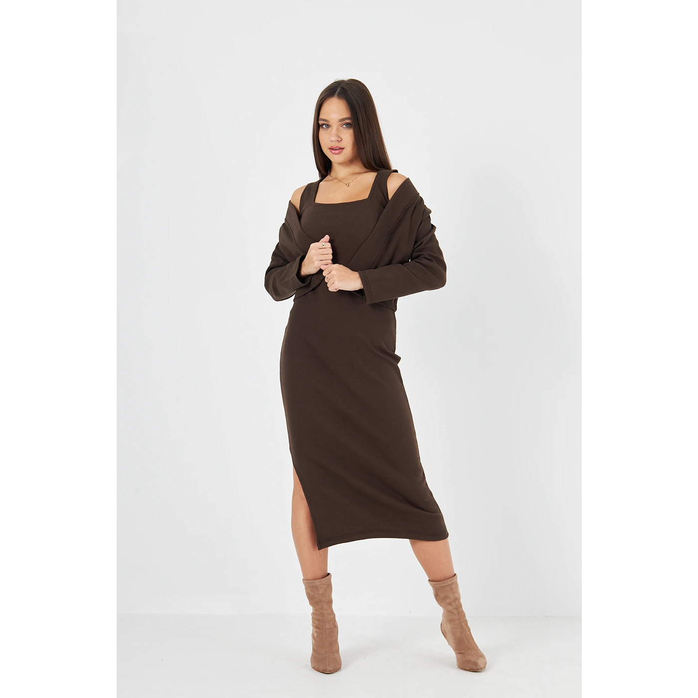Brown Cardigan Dress Matching Set | Montivo Pakistan