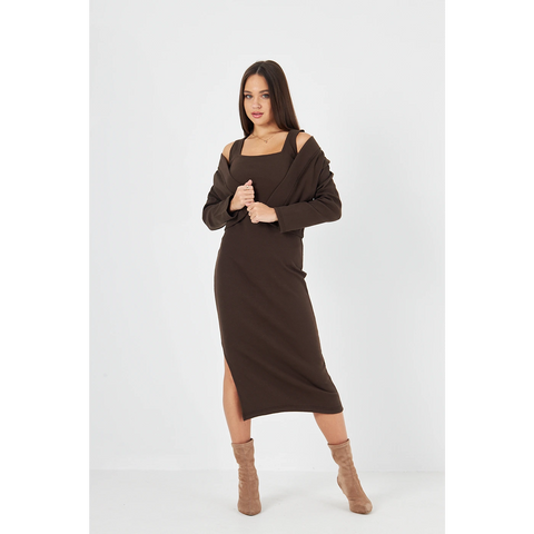 Brown Cardigan Dress Matching Set | Montivo Pakistan