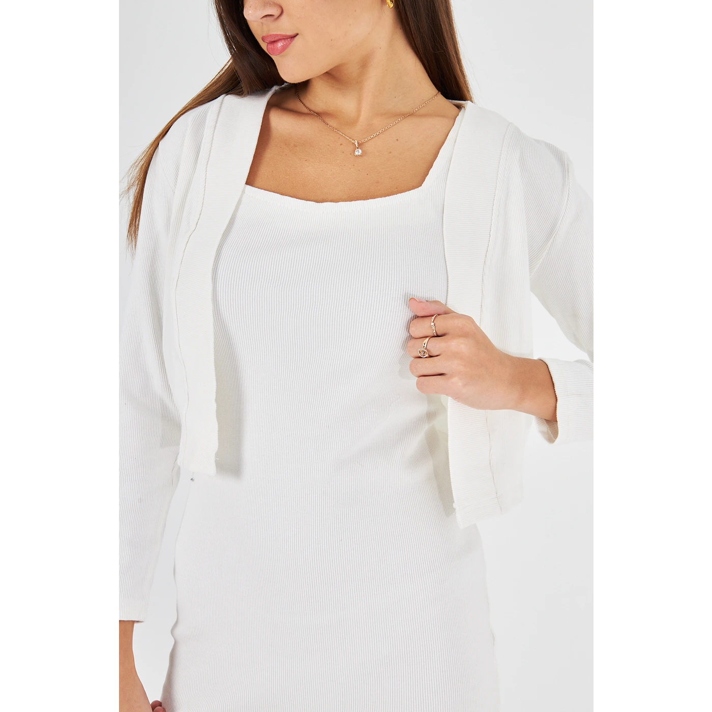 White Cardigan Dress Matching Set | Montivo Pakistan
