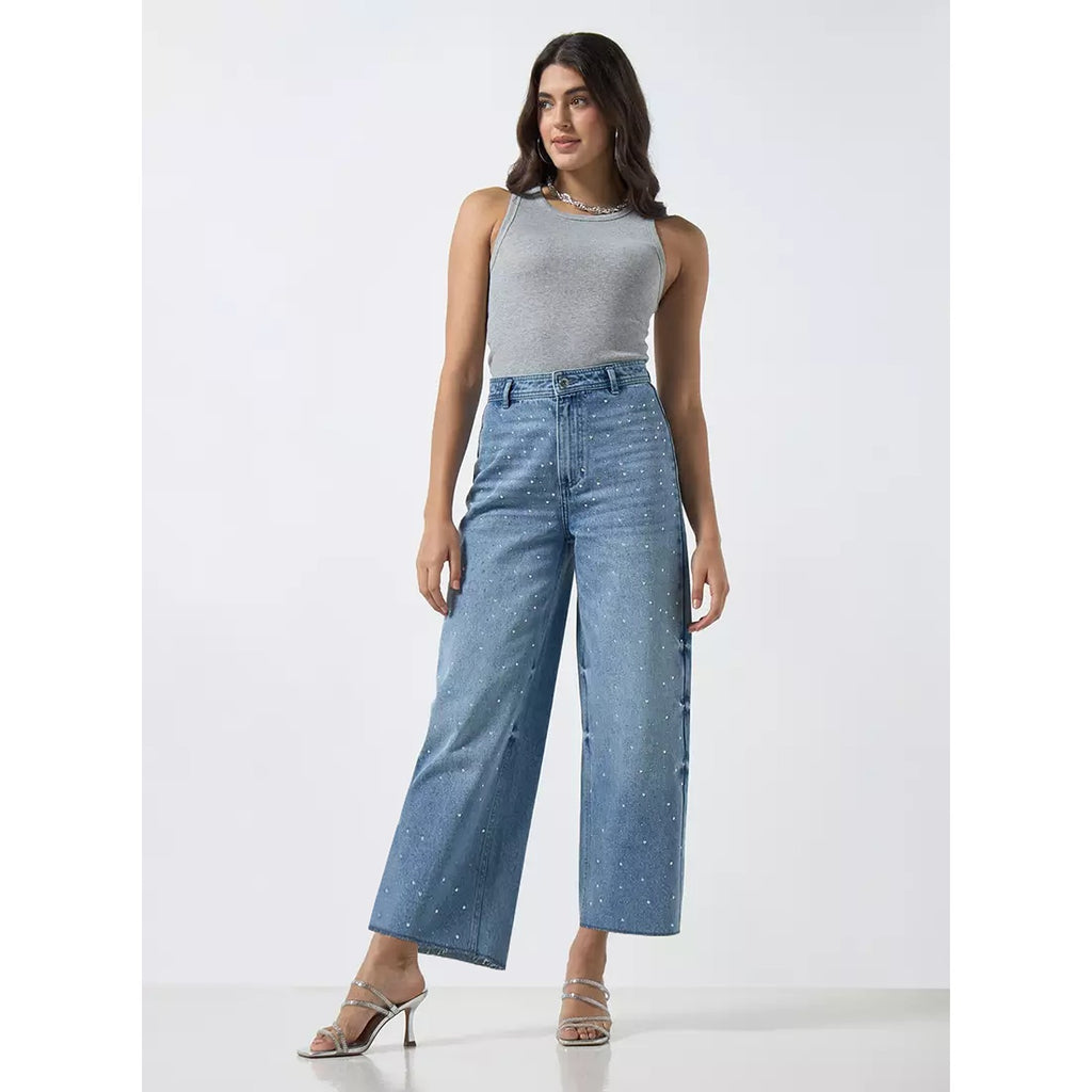 Blue Embellished Wide Leg Jeans | Montivo Pakistan