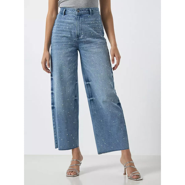 Blue Embellished Wide Leg Jeans | Montivo Pakistan