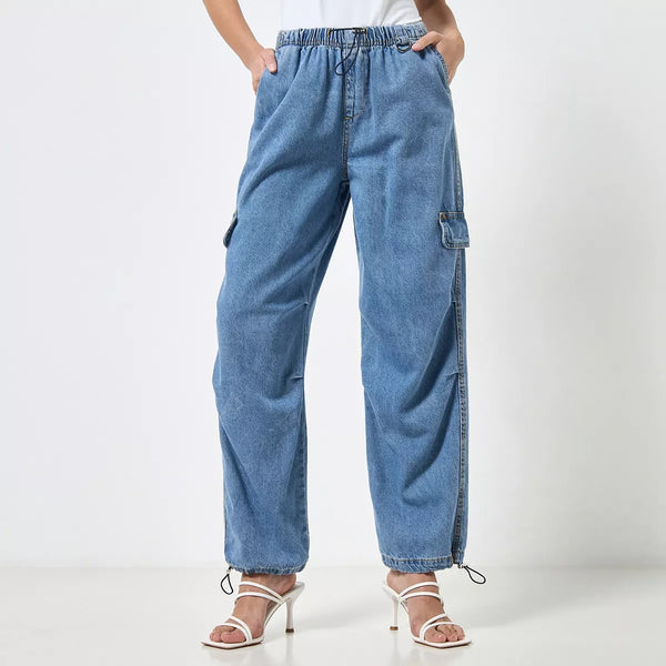 Blue Plain Parachute Cargo Jeans | Montivo Pakistan