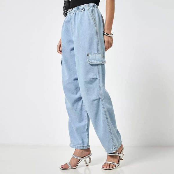 Light Blue Plain Parachute Cargo Jeans | Montivo Pakistan