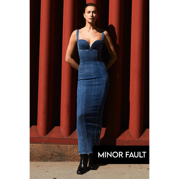 (Minor Fault) Blue Denim Corset Maxi Dress | Montivo Pakistan