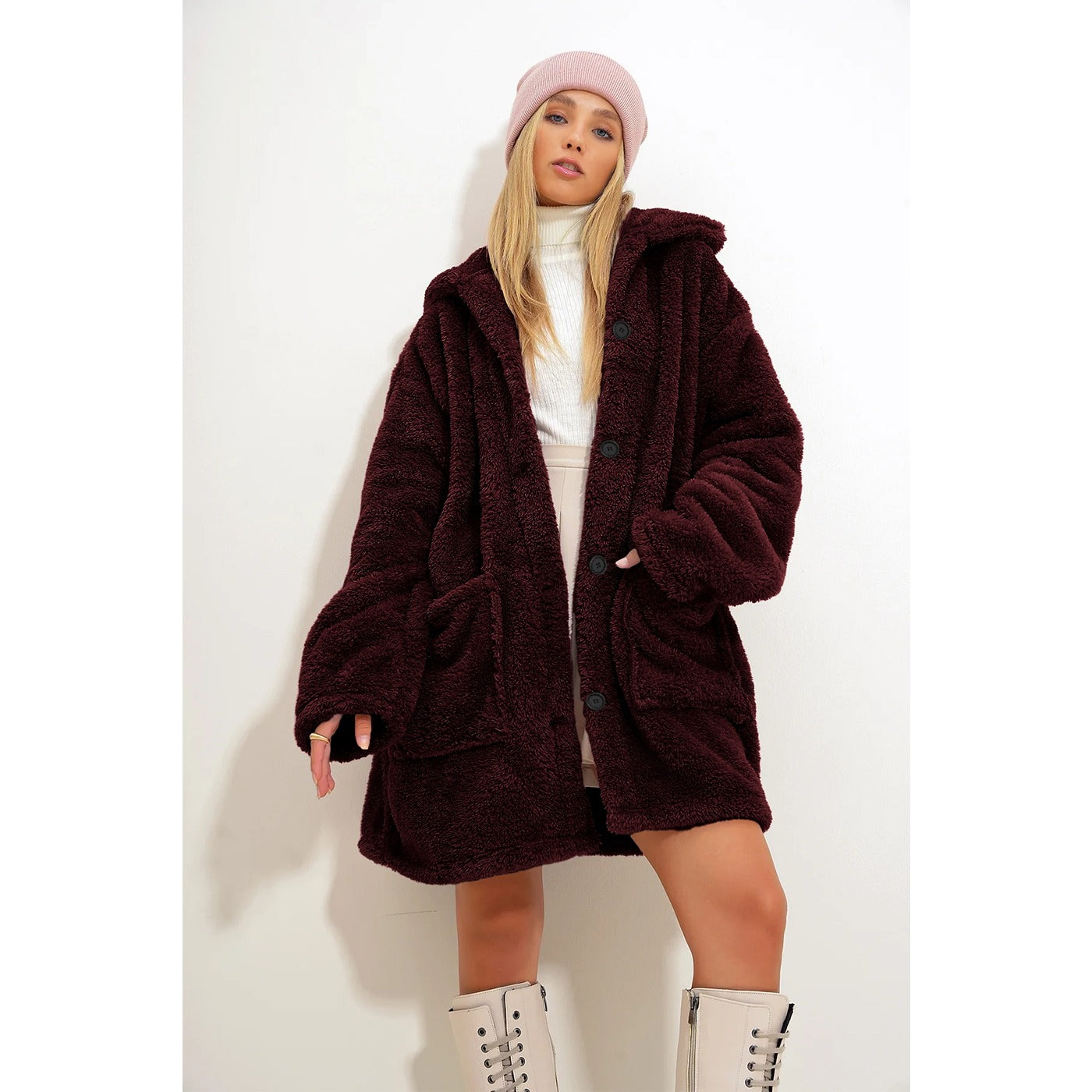 Burgundy Teddy Coat Jacket | Montivo Pakistan