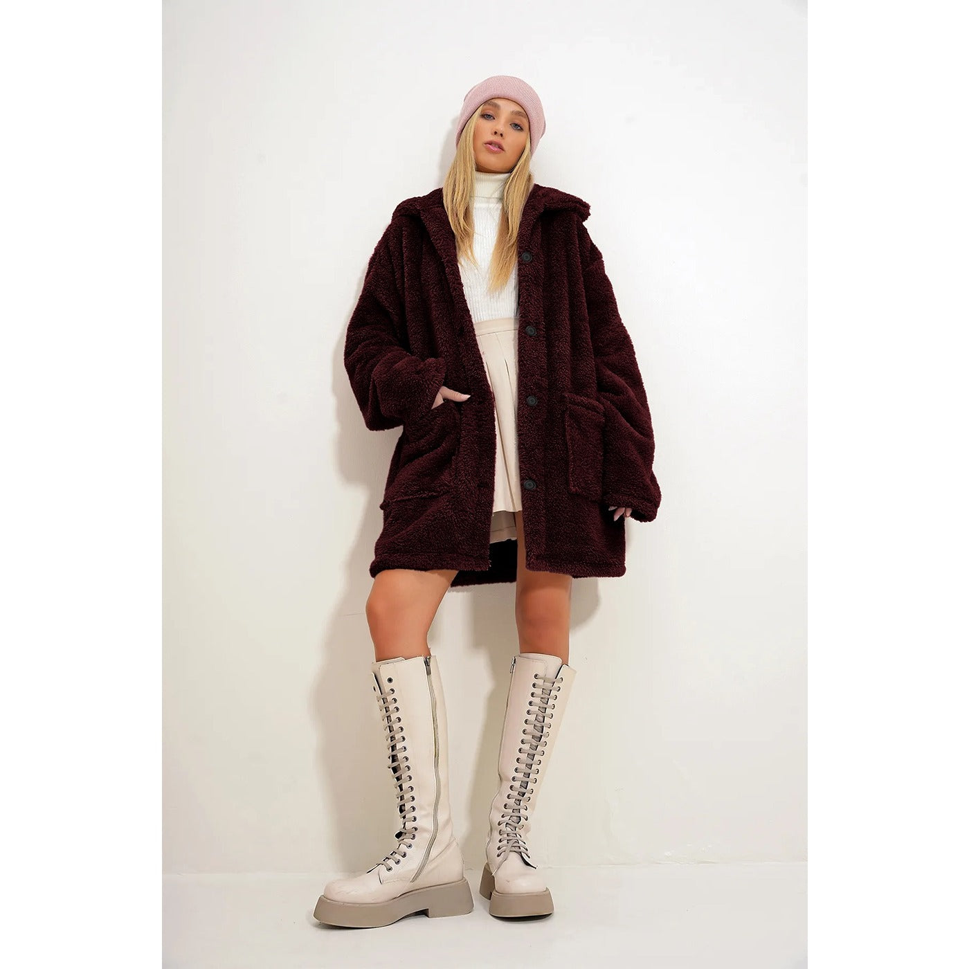 Burgundy Teddy Coat Jacket | Montivo Pakistan