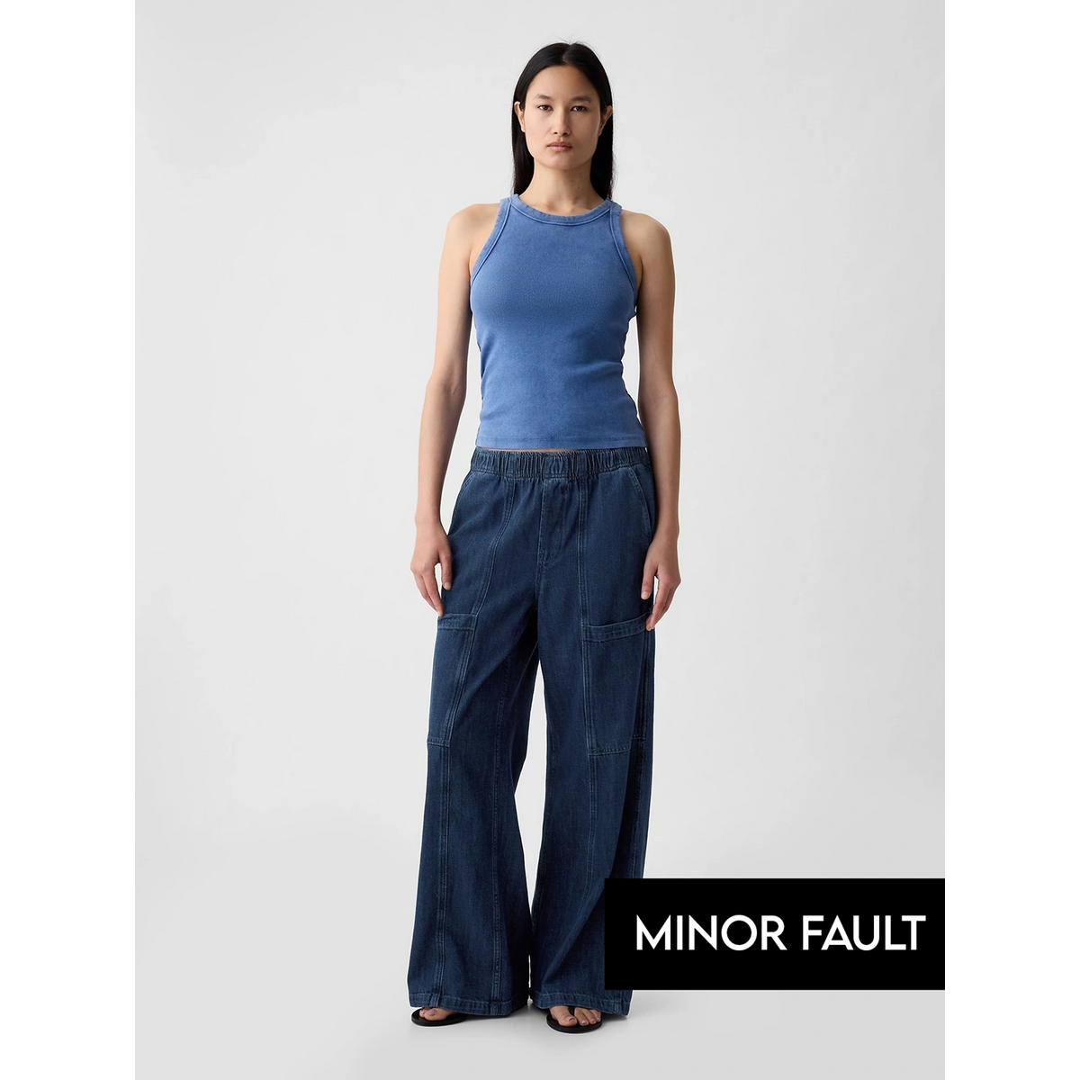 (Minor Fault) Blue High Waisted Wide Leg Utility Easy Jeans | Montivo Pakistan