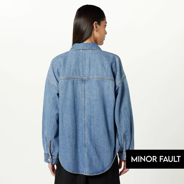 (Minor Fault) Mid Blue Long Denim Shacket | Montivo Pakistan