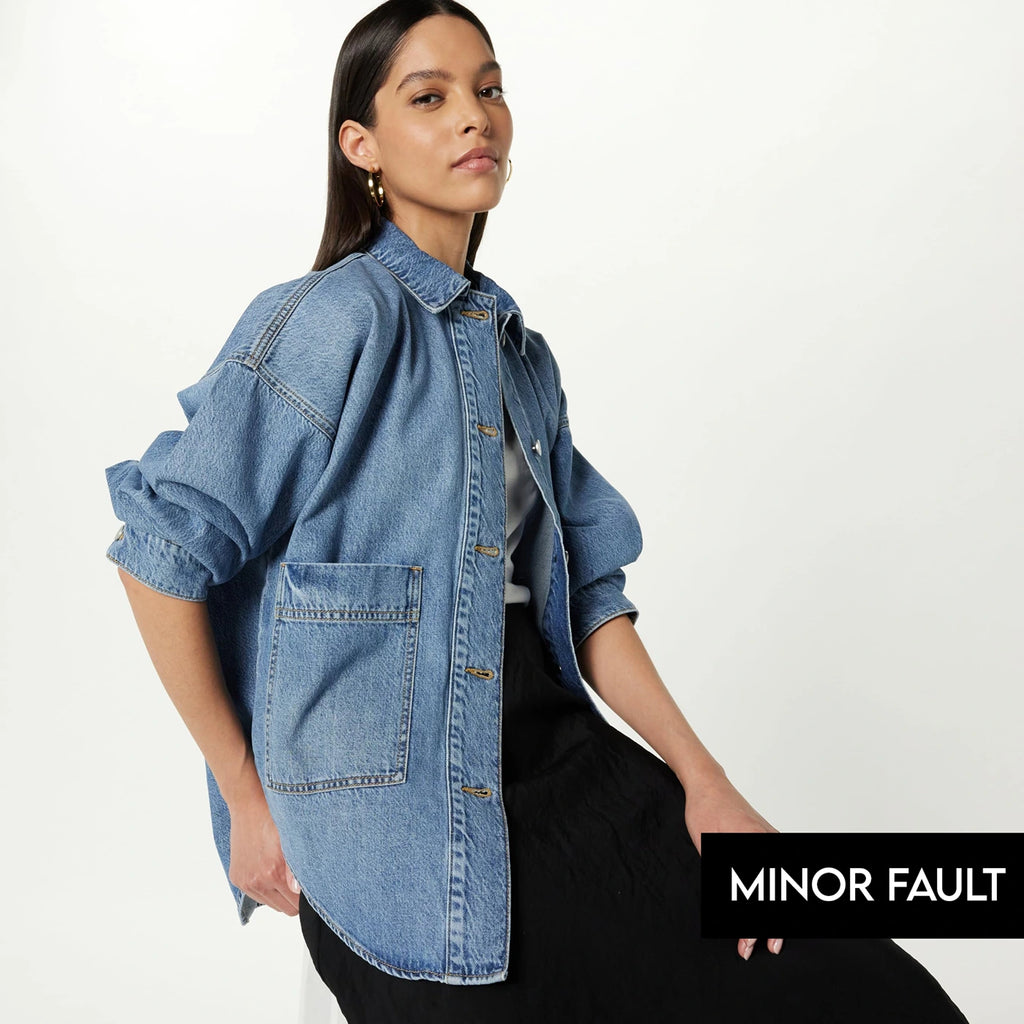 (Minor Fault) Mid Blue Long Denim Shacket | Montivo Pakistan