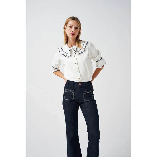 Off-White Daisy Blouse with Blue Detailing | Montivo Pakistan