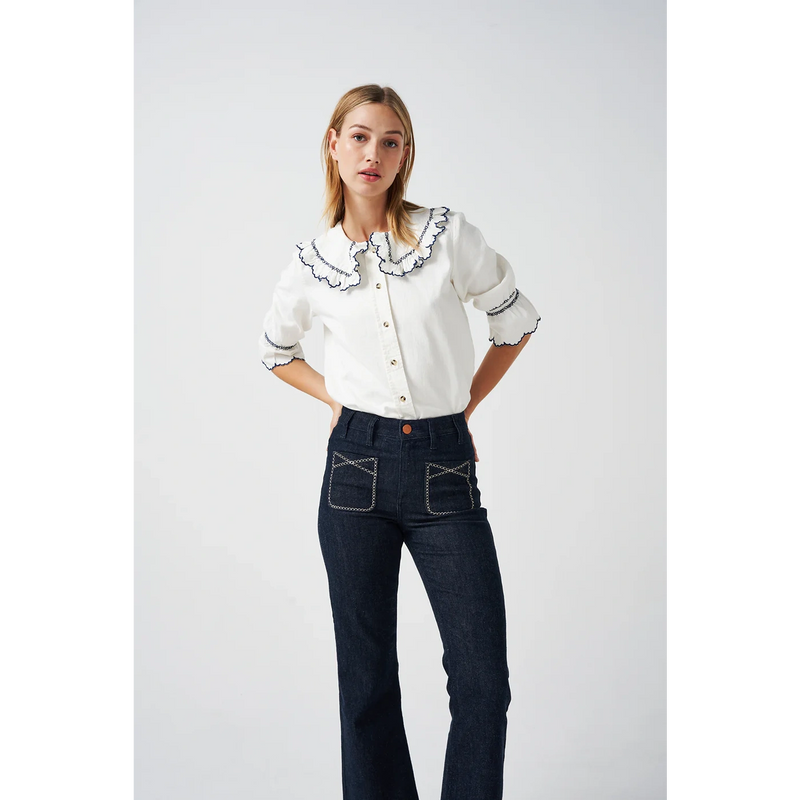 Off-White Daisy Blouse with Blue Detailing | Montivo Pakistan