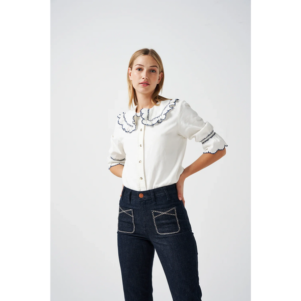 Off-White Daisy Blouse with Blue Detailing | Montivo Pakistan