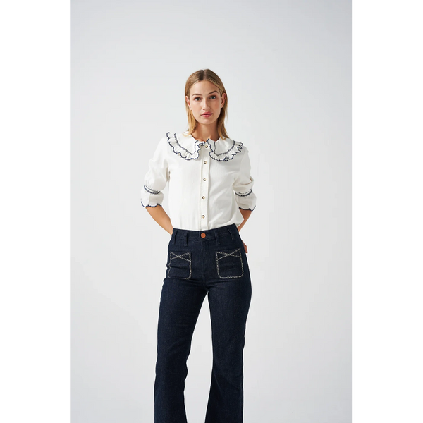 Off-White Daisy Blouse with Blue Detailing | Montivo Pakistan
