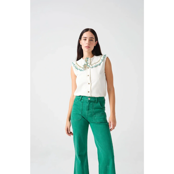 Off-White Daisy Blouse with Green Detailing | Montivo Pakistan