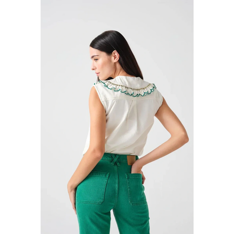 Off-White Daisy Blouse with Green Detailing | Montivo Pakistan