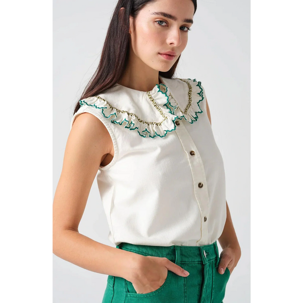 Off-White Daisy Blouse with Green Detailing | Montivo Pakistan