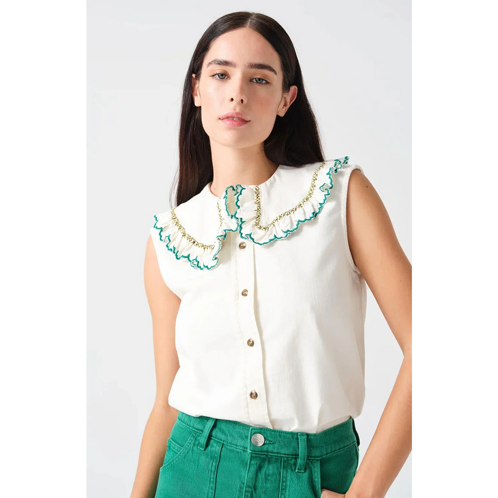 Off-White Daisy Blouse with Green Detailing | Montivo Pakistan