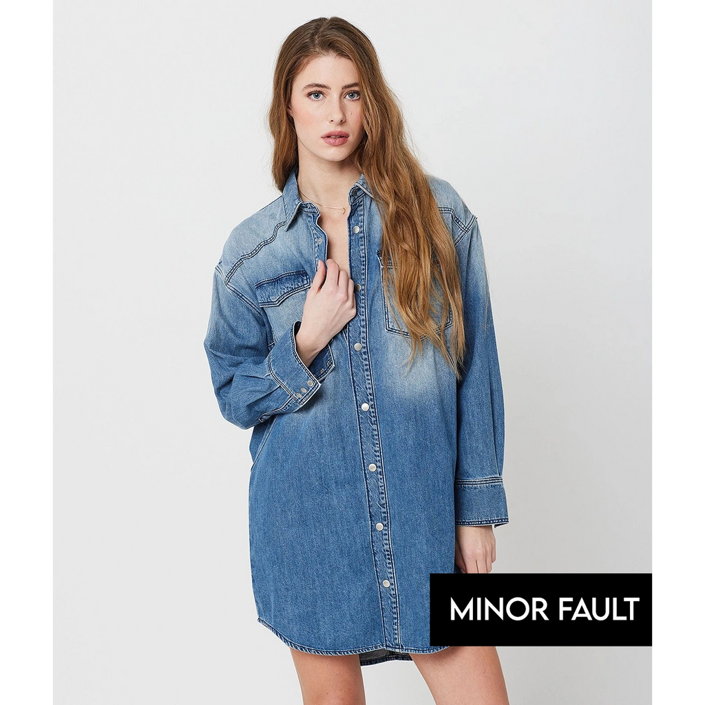 (Minor Fault) Blue Long Denim Shirt Dress | Montivo Pakistan