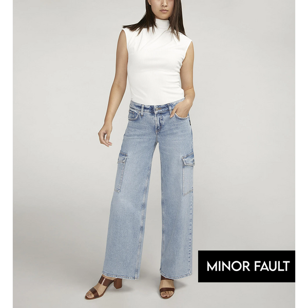 (Minor Fault) Light Blue Mid Rise Wide Leg Cargo Jeans | Montivo Pakistan
