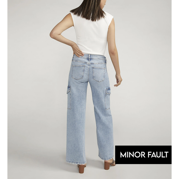 (Minor Fault) Light Blue Mid Rise Wide Leg Cargo Jeans | Montivo Pakistan