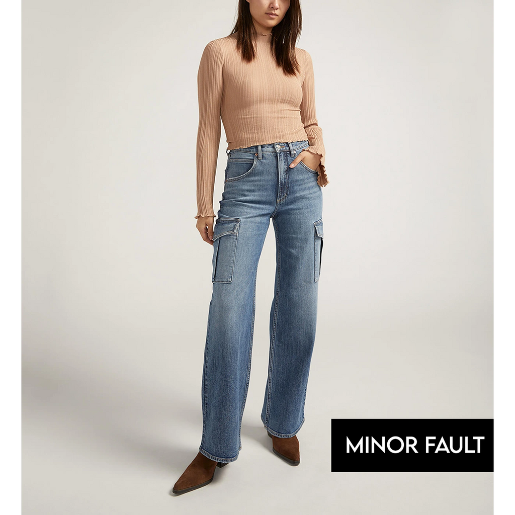 (Minor Fault) Indigo Blue High Rise Wide Leg Cargo Jeans | Montivo Pakistan