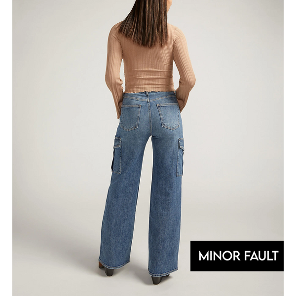 (Minor Fault) Indigo Blue High Rise Wide Leg Cargo Jeans | Montivo Pakistan