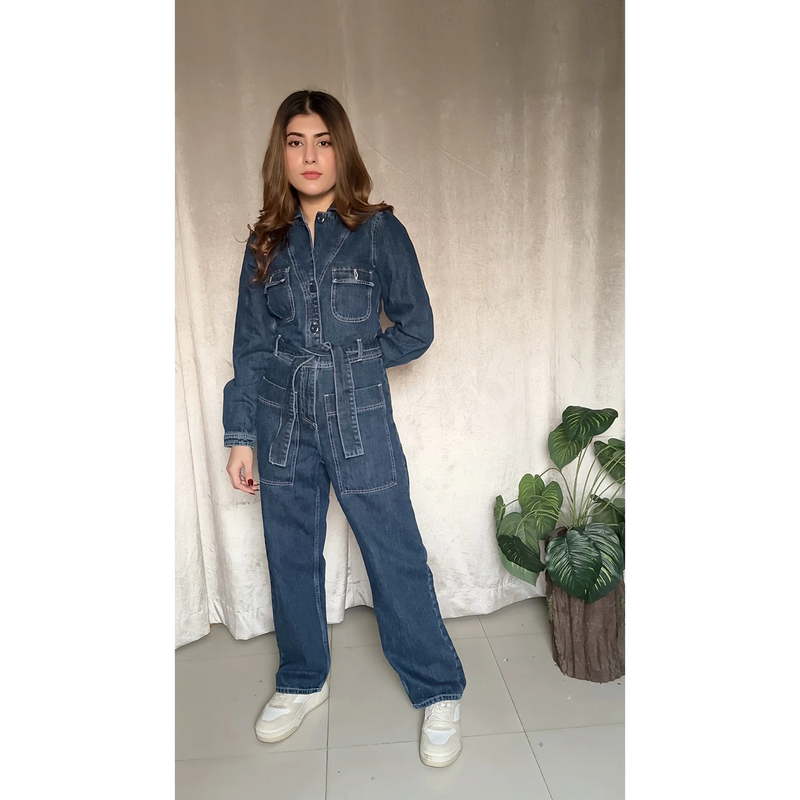 Dark Blue Loose Fit Denim Jumpsuit | Montivo Pakistan