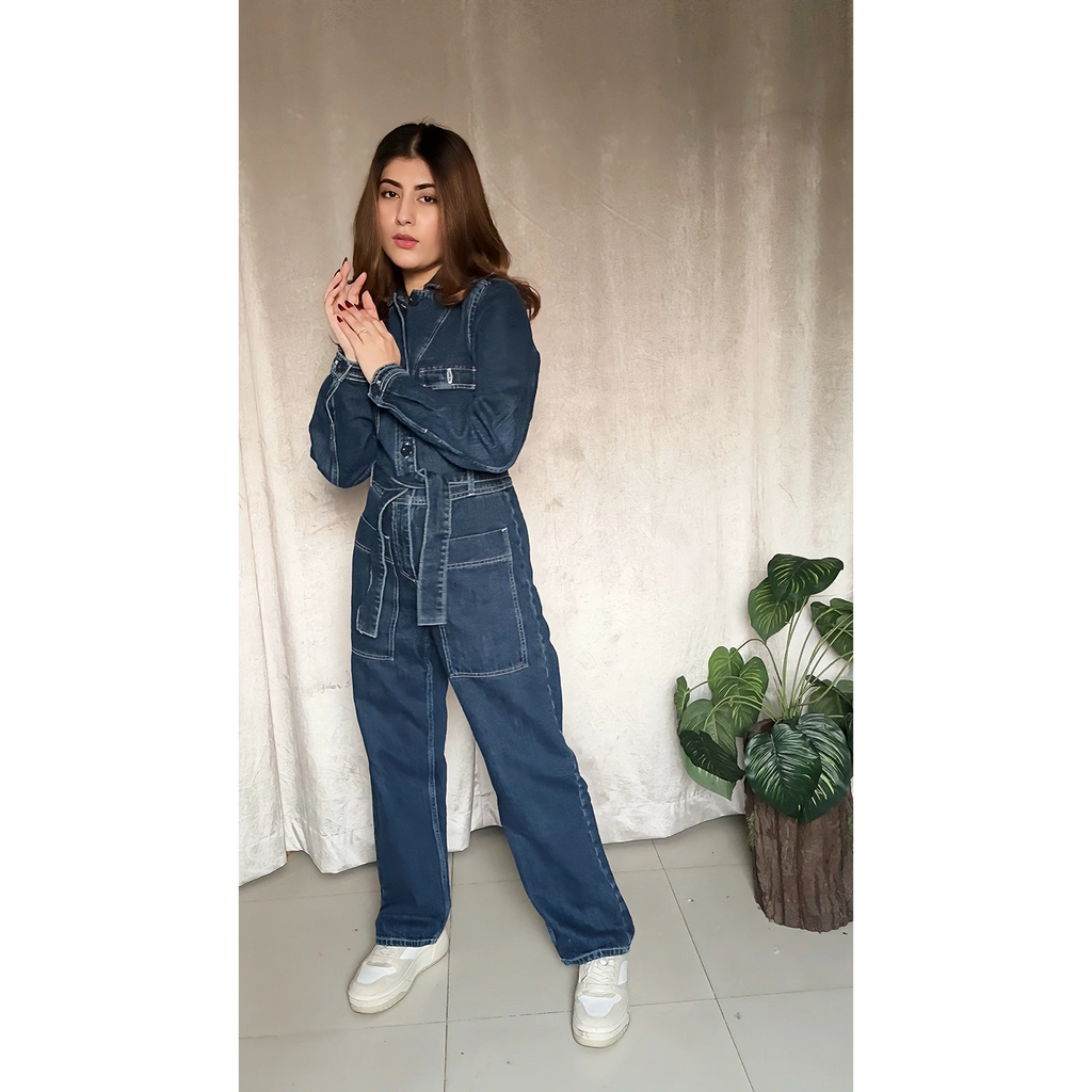 Dark Blue Loose Fit Denim Jumpsuit | Montivo Pakistan