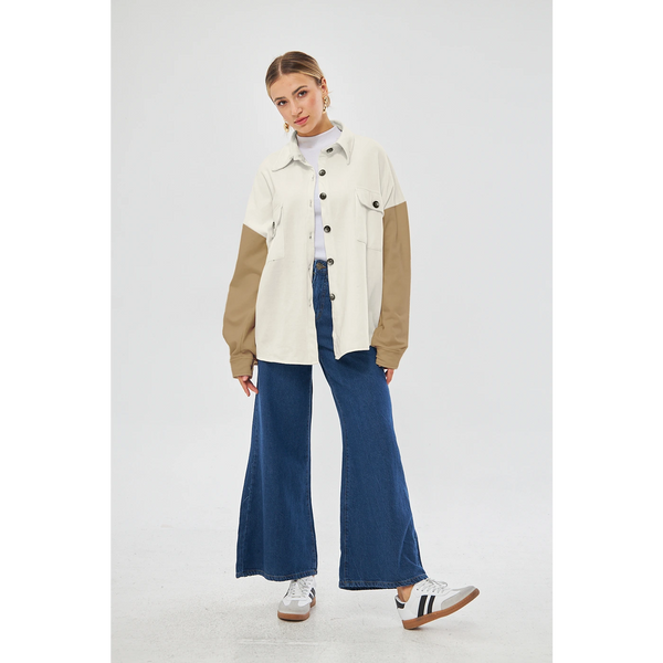 Off-White Contrast Sleeves Oversized Shacket | Montivo Pakistan