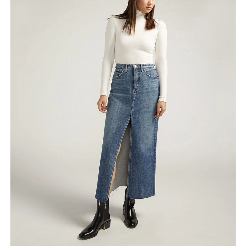 Mid Blue Front Slit Maxi Denim Skirt | Montivo Pakistan