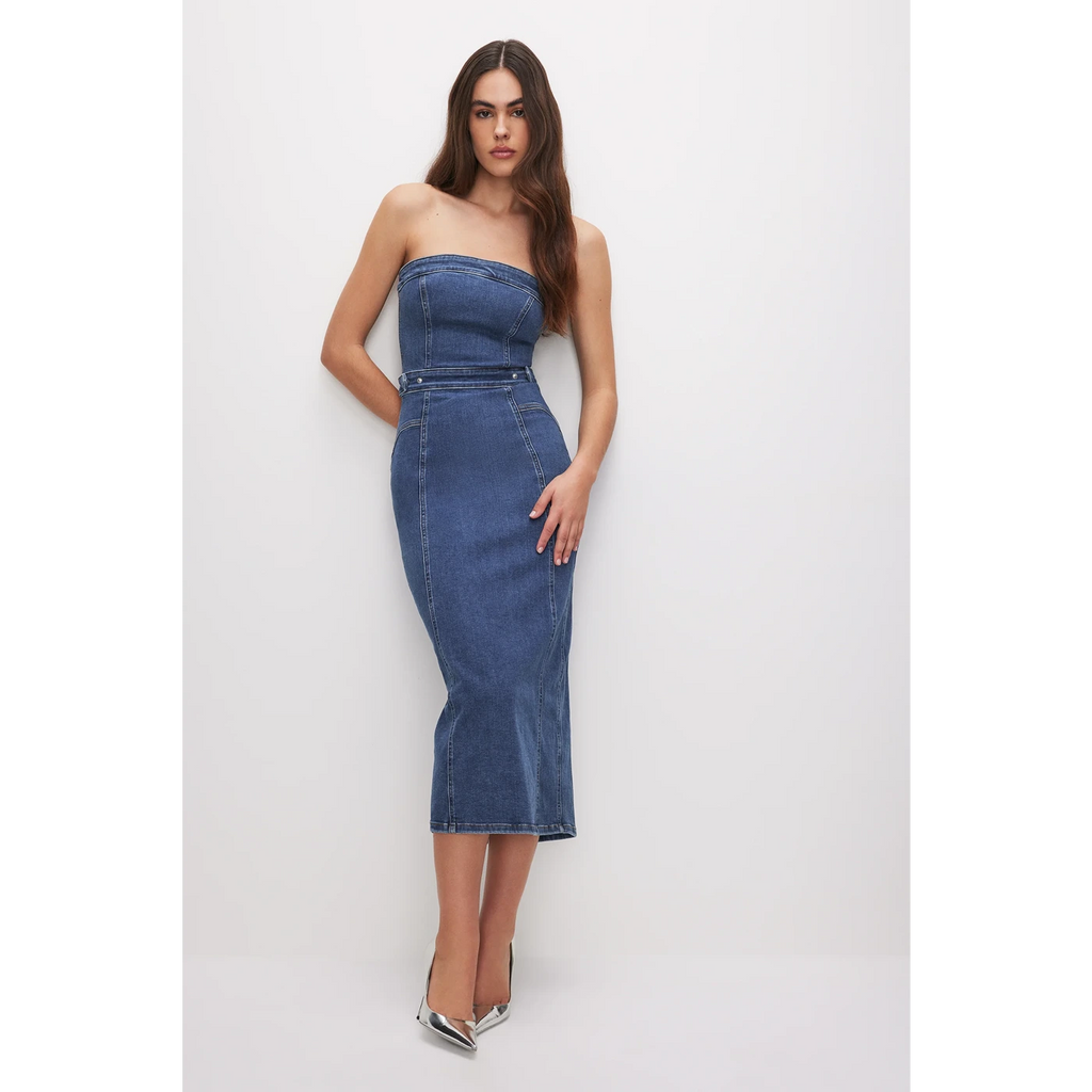 Blue Denim Tube Midi Dress | Montivo Pakistan