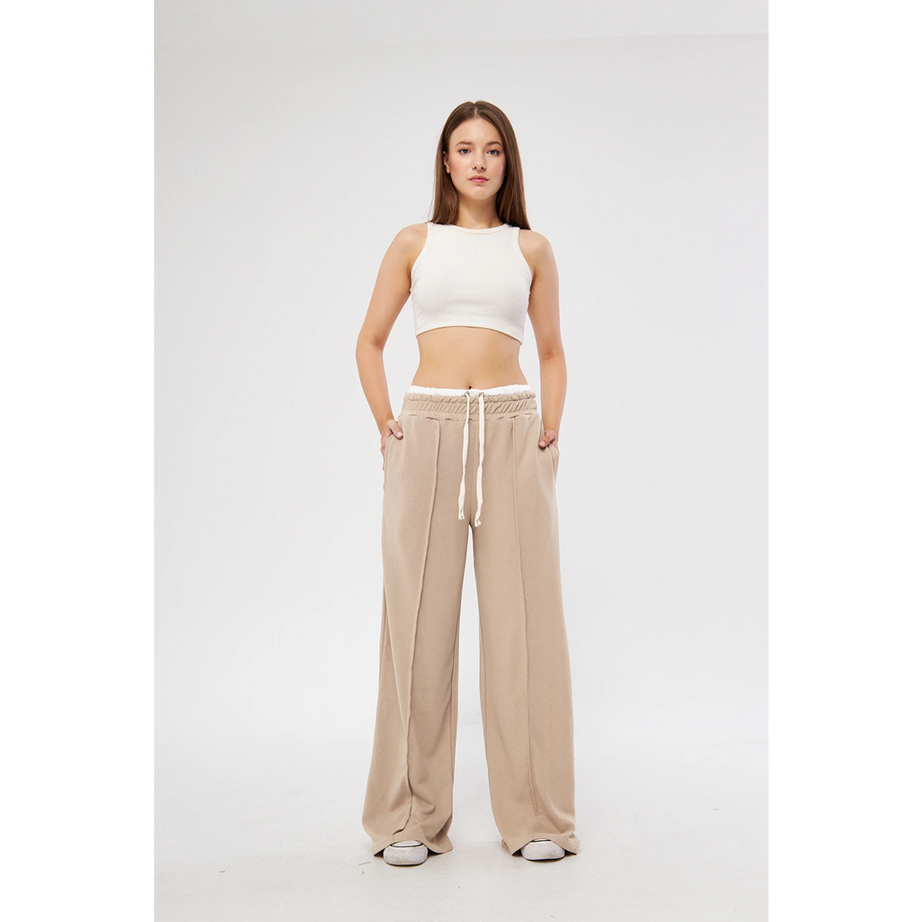 Beige Boxer Belt Wide Leg Trousers | Montivo Pakistan