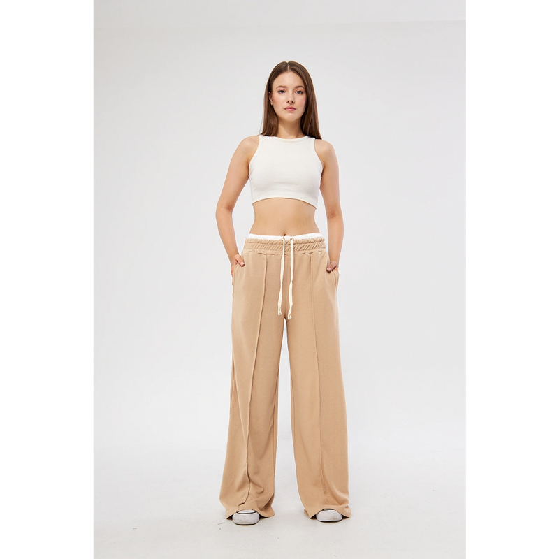 Khaki Boxer Belt Wide Leg Trousers | Montivo Pakistan