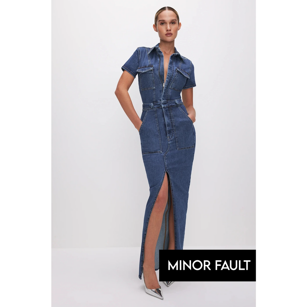 (Minor Fault) Blue Denim Zipper Maxi Dress | Montivo Pakistan