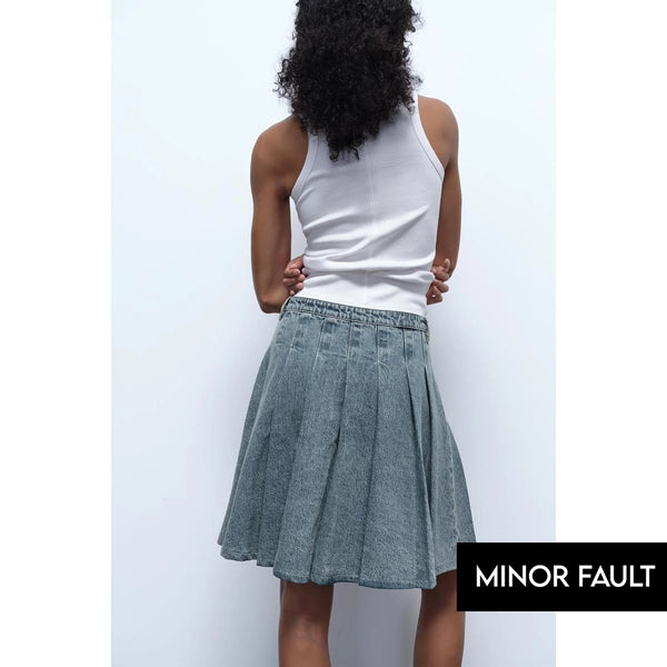 (Minor Fault) Vintage Blue Pleated Denim Skirt | Montivo Pakistan