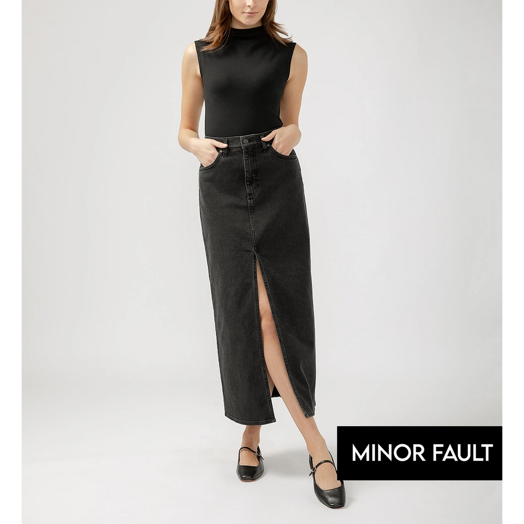 (Minor Fault) Front Slit Charcoal Denim Skirt | Montivo Pakistan