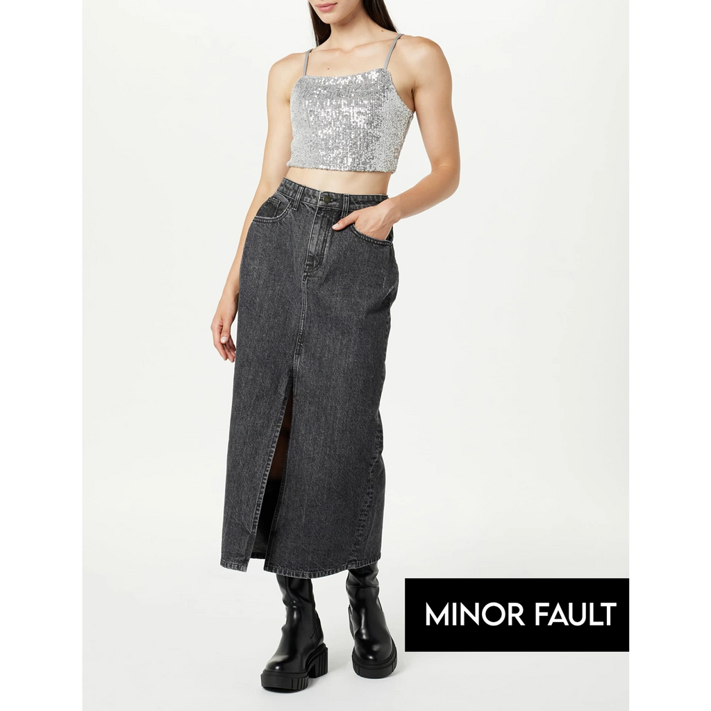 (Minor Fault) Charcoal Front Slit Denim Skirt | Montivo Pakistan