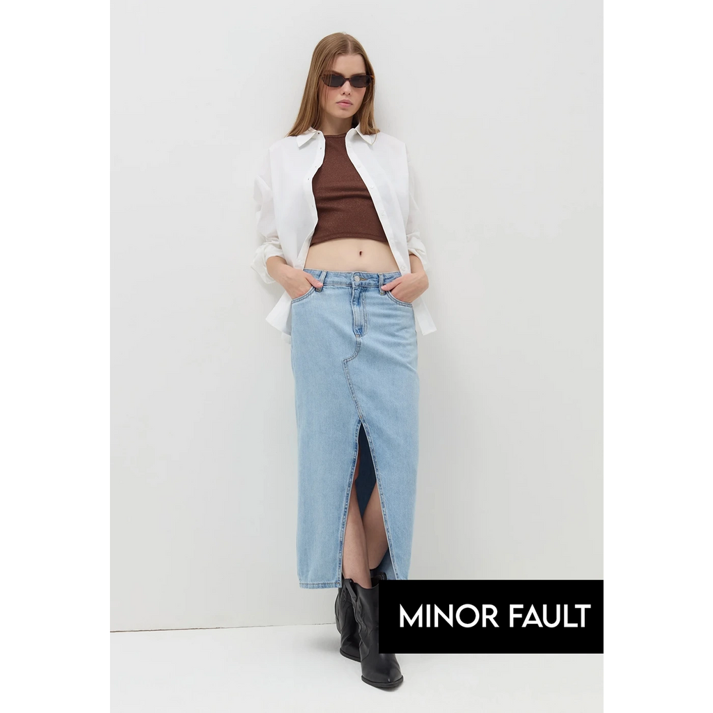 (Minor Fault) Light Wash Front Slit Denim Skirt | Montivo Pakistan