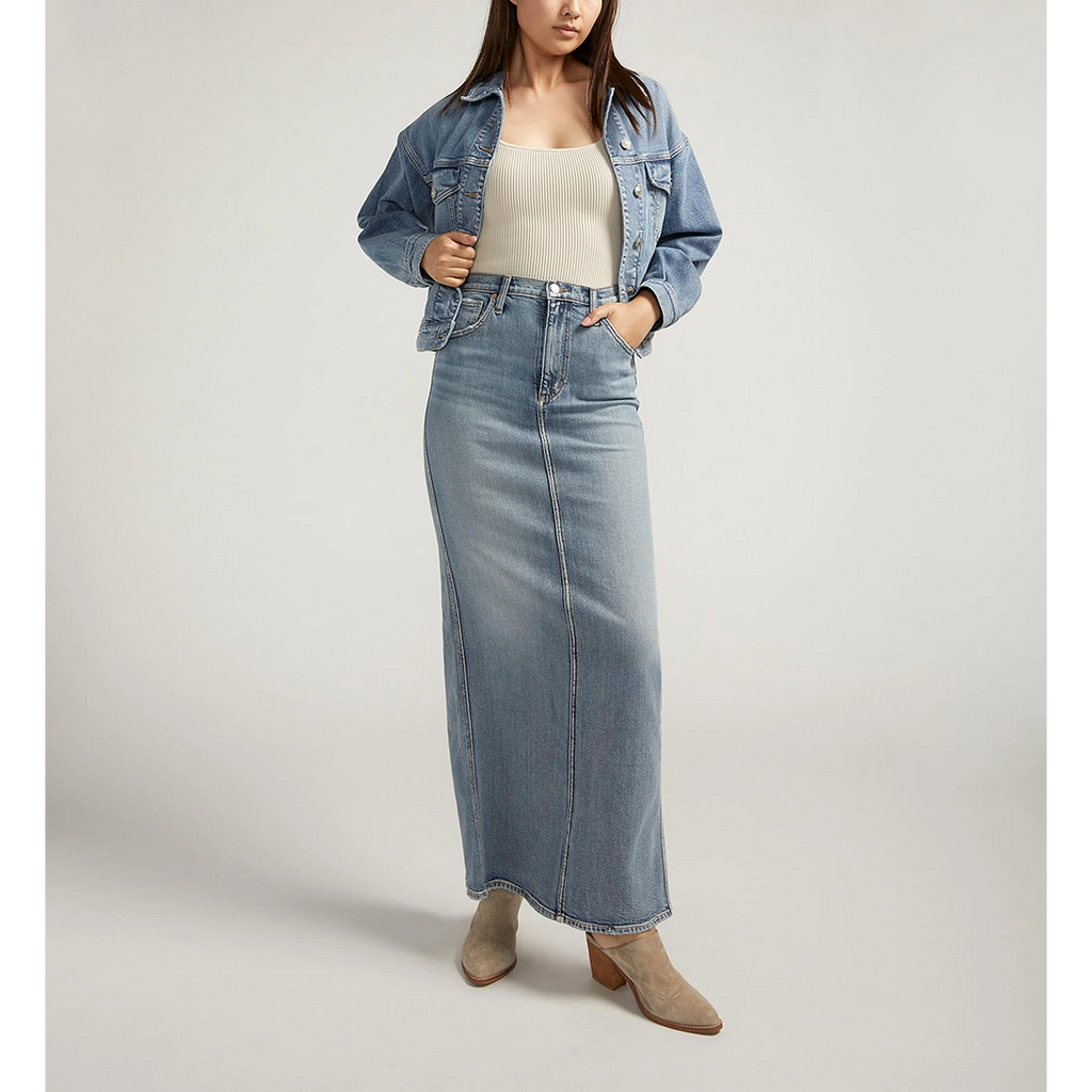 Blue Back Slit Maxi Jeans Skirt | Montivo Pakistan