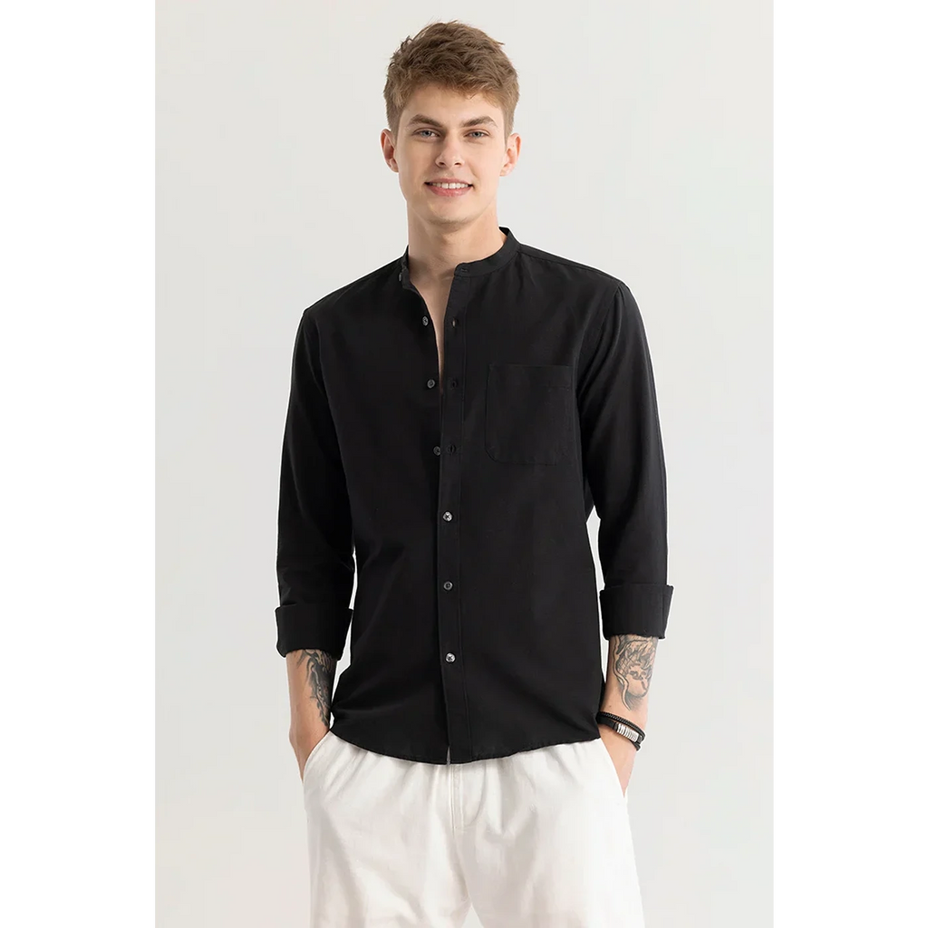 Black Mandarin Collar Pocket Slim Shirt | Montivo Pakistan