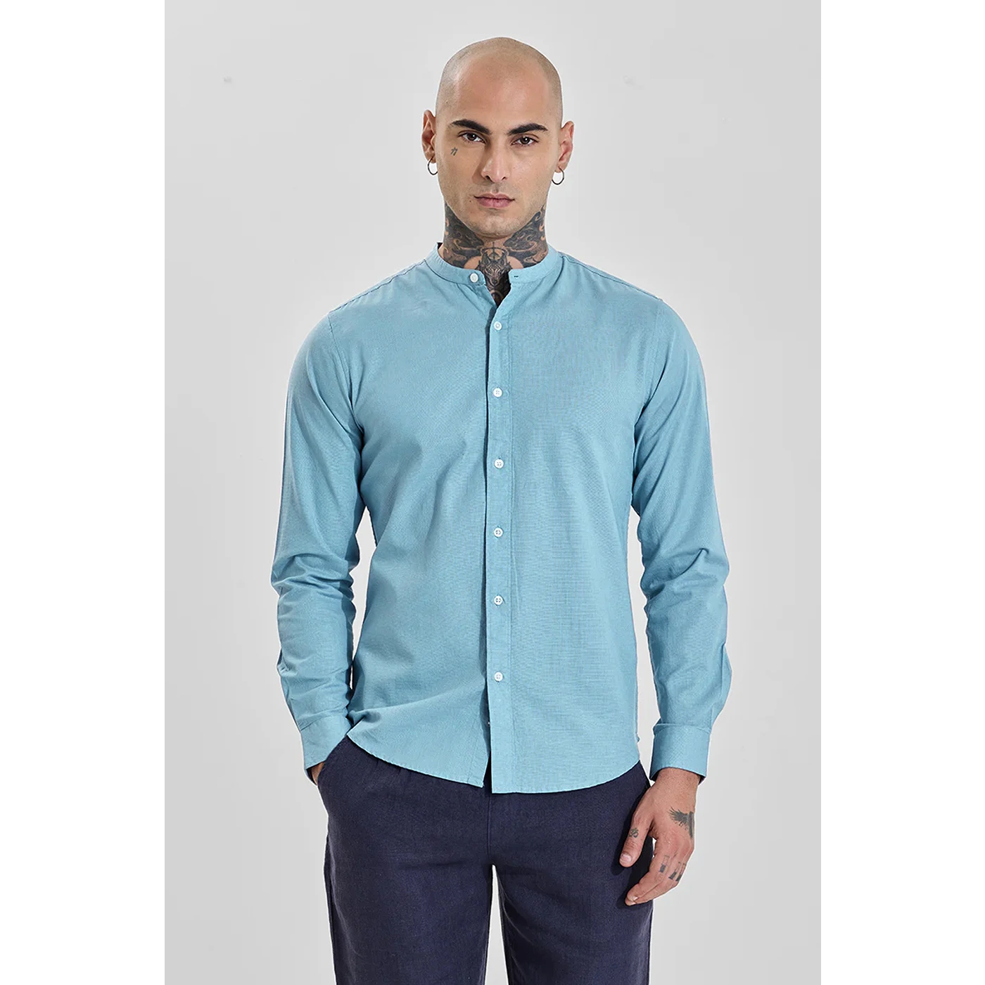 Blue Mandarin Collar Slim Shirt | Montivo Pakistan